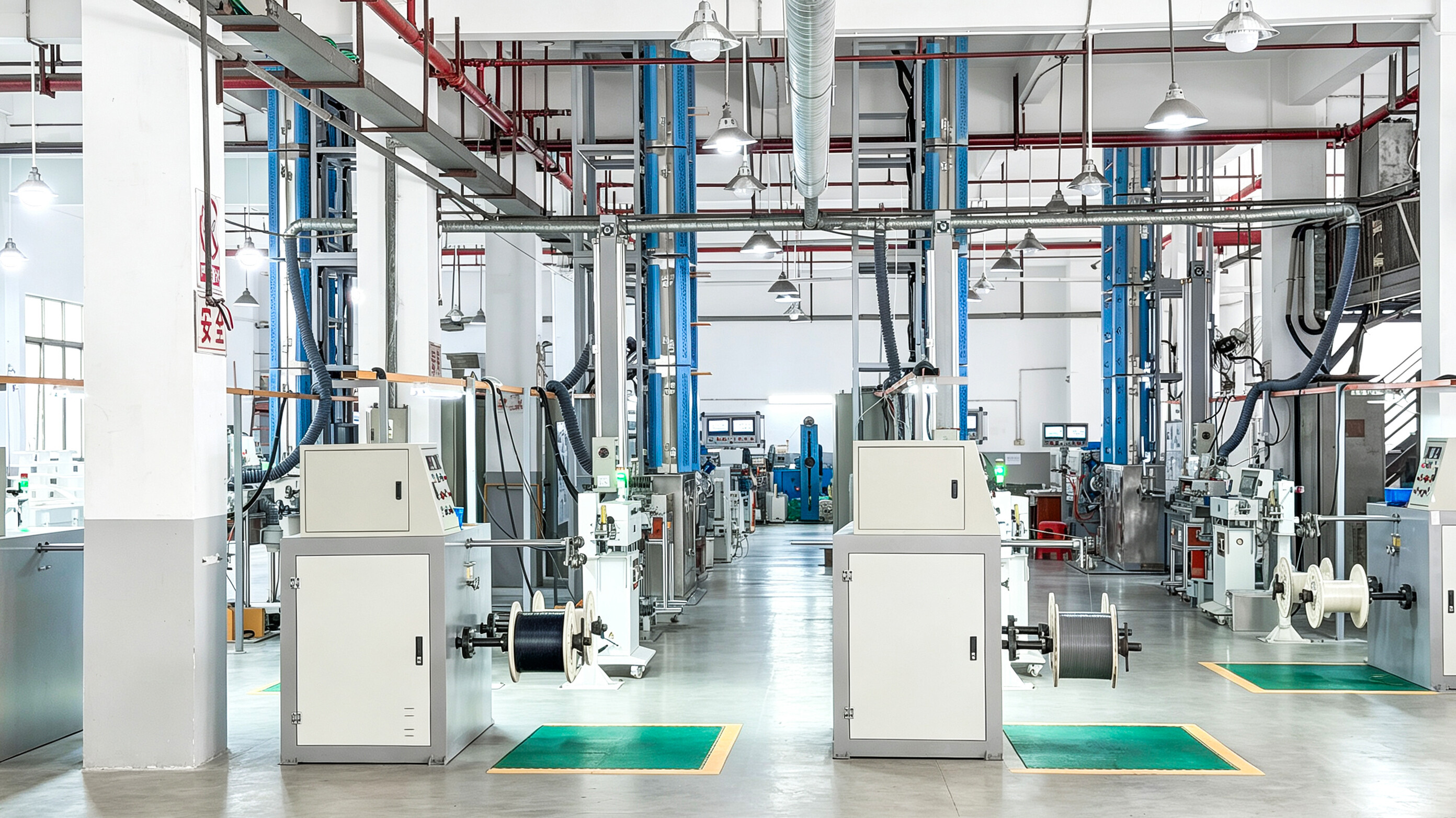 Factory Overview: Production Lines Stretching Between Columns